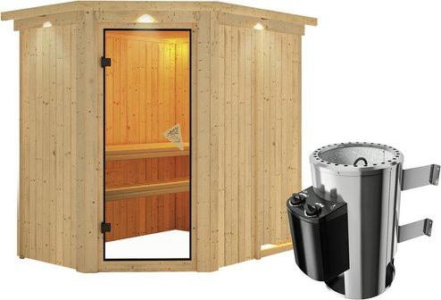 Karibu Sauna Wenden aus Fichtenholz in Beige inklusive 3,6 kW Saunaofen mit integrierter Steuerung für 3 Personen, B/T/H: 210 x 165 x 202 cm - Bild 1