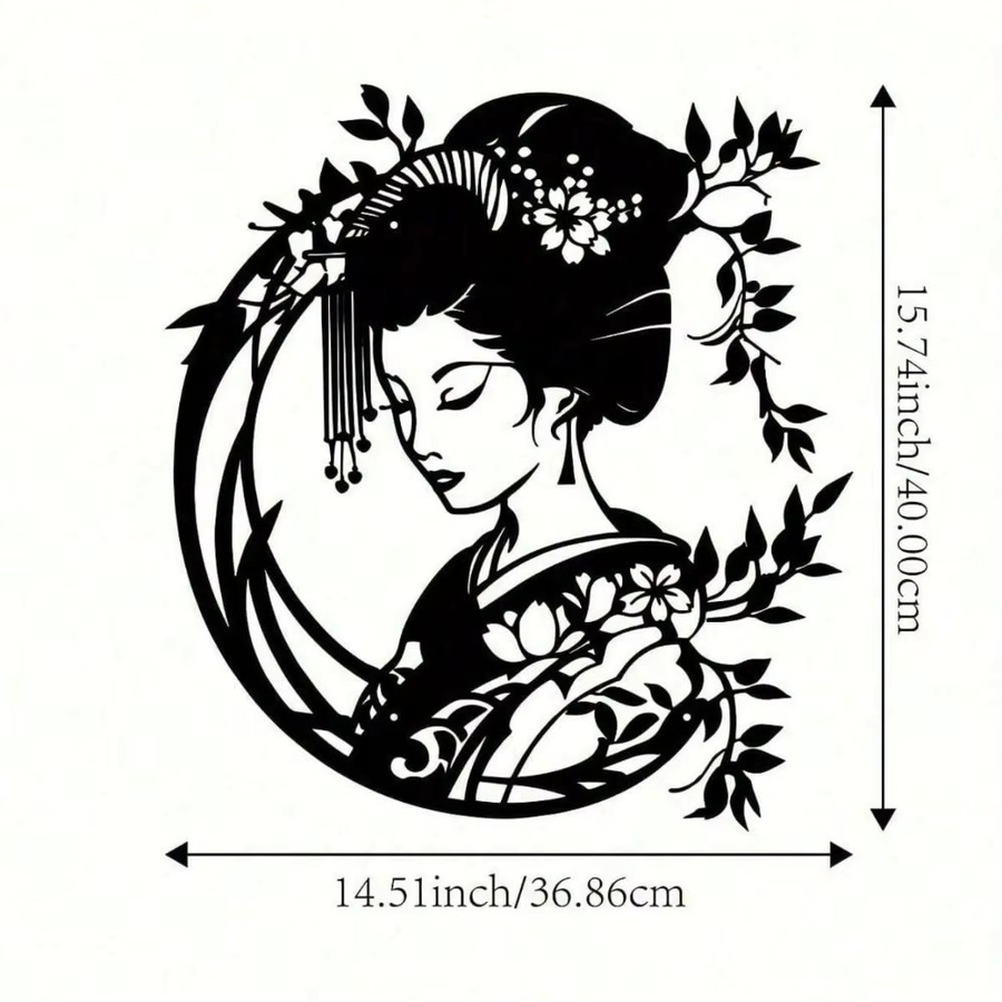 CIFBUY Vintage Geisha Metall-Wandkunst in Schwarz mit floralem Design, rundes orientalisches Gartenschild für deine Heimdekoration - Bild 2