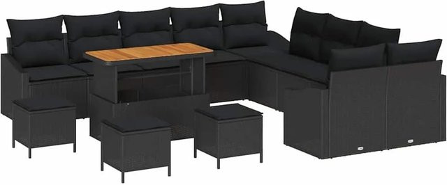 vidaXL Gartensofa-Set aus Poly Rattan in Schwarz mit 13 Kissen, Lounge-Sessel, 2-Sitzer Sofa, Ottoman und Couchtisch - Bild 1