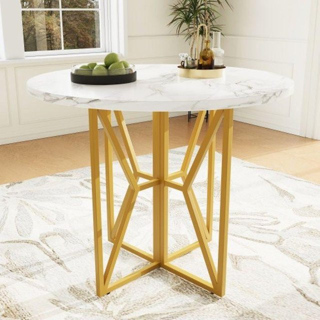 Runder Esstisch MUVOE in Gold mit marmoriertem MDF und goldenen Beinen, Durchmesser: 80 cm - Bild 1
