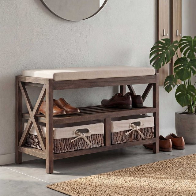 Schuhregal MCW-C48 Sitzbank im Shabby-Look Vintage, braun, B/T/H: 45 x 65 x 34 cm - Bild 1