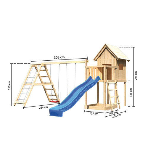 Karibu Spielturm Frieda in Braun mit Anbau, Klettergerüst und Rutsche - Bild 4
