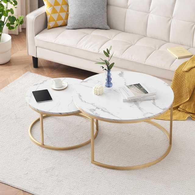 2er Set runde Couchtische von Okwish mit MDF-Platte und Metallgestell in Schwarz oder Weiß - Bild 1