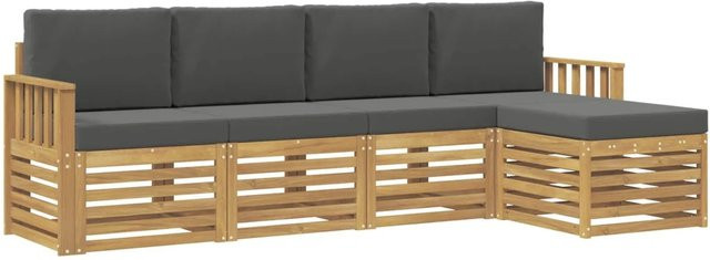 vidaXL Outdoor-Sofagarnitur 5-teilig L-Form aus Akazienholz mit Polstern in Weiß, Anthrazit und Braun - Bild 1