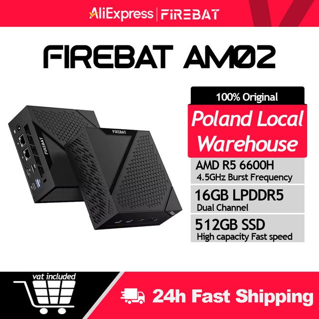 FIREBAT Mini PC AM02 mit AMD Ryzen 5 6600H, 16GB LP DDR5, 512GB SSD, Windows 11, WiFi6, Bluetooth 5.2, HDMI und LAN, Schwarz - Bild 1
