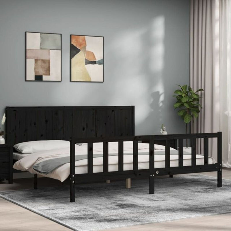Massivholzbett aus Kiefer mit Kopfteil von Vidaxl in Schwarz, B/T/H: 200 x 200 x 205,5 cm - Bild 1
