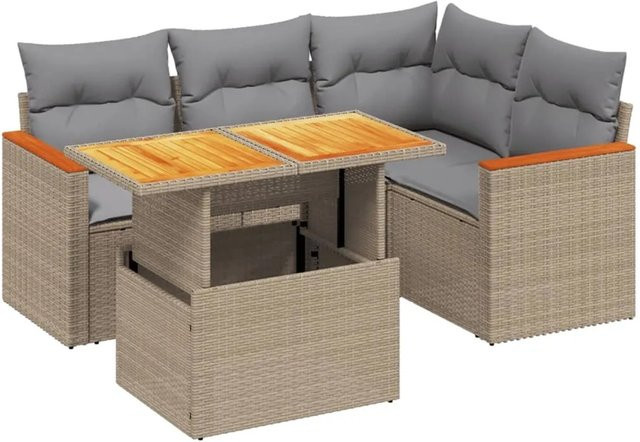 vidaXL 5-tlg. Garten-Sofagarnitur in L-Form aus Polyrattan und Akazienholz mit Kissen, Beige - Bild 1