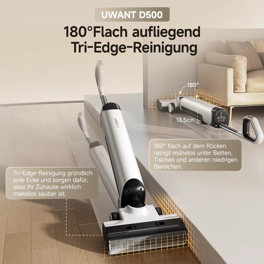 UWANT D500 Nass-Trockensauger in Weiß mit 17000 Pa Saugkraft, 180 Grad Lay-Flat Funktion, AI Selbstreinigung und 65 Grad Celsius Heißlufttrocknung sowie dreiseitiger Randreinigung - Bild 3