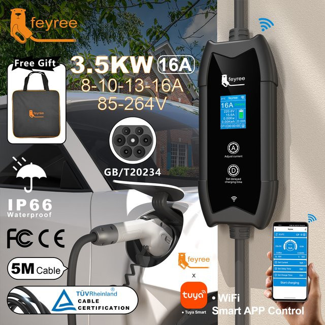 Feyree Tragbares EV-Ladegerät mit WLAN-App-Steuerung, 16A 3,5KW, 5m Kabel, Schwarz - Bild 1