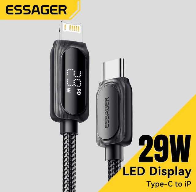 ESSAGER USB-C auf Lightning Schnellladekabel 29W in Schwarz für iPhone 14 13 12 11 Pro XS 8 Datenkabel - Bild 1
