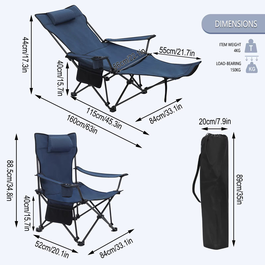 WOLTU faltbarer Camping-Angelstuhl in Blau mit abnehmbarer Kopfstütze und einziehbarer Fußstütze - Bild 2