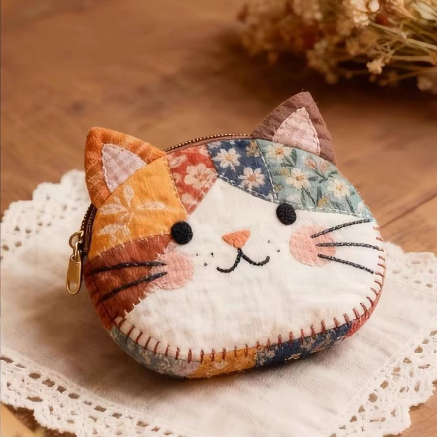 Tragbare Patchwork-Geldbörse mit Katzenmotiv und Reißverschluss in Multicolour - Bild 4