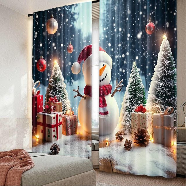 Set aus 2 weihnachtlichen Vorhängen mit Schneemann-Motiv von Tonnika Chen aus Polyester, Breite: 100 cm, Höhe: 70 cm - Bild 1