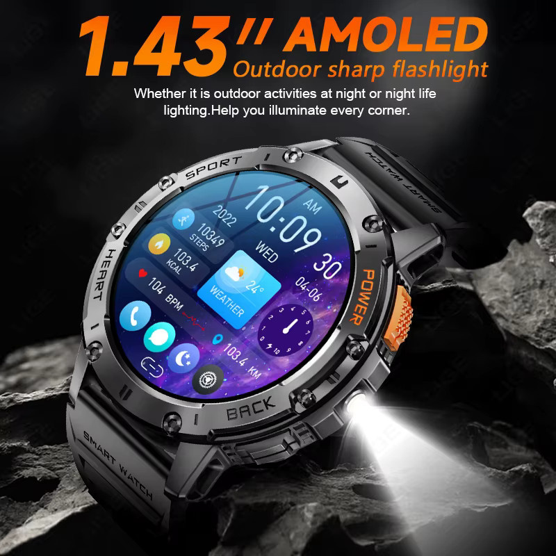 LIGE Outdoor Smartwatch für Herren mit 1,43 Zoll AMOLED HD Display, Bluetooth Anruffunktion, LED Beleuchtung und 530 mAh Akku in Schwarz - Bild 3
