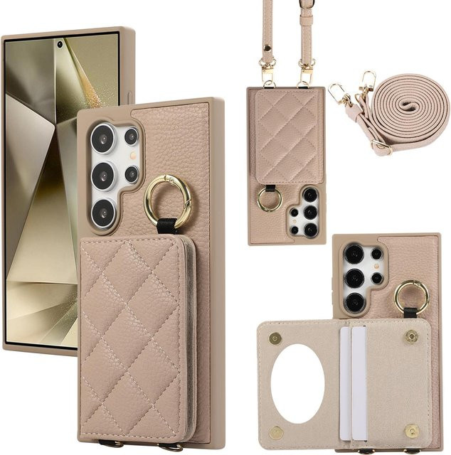 Crossbody Leder Handyhülle mit Ring und Spiegel für Samsung Galaxy S25 S24 S23 S22 Ultra Plus in Beige mit Kartenhalter und Brieftasche - Bild 1