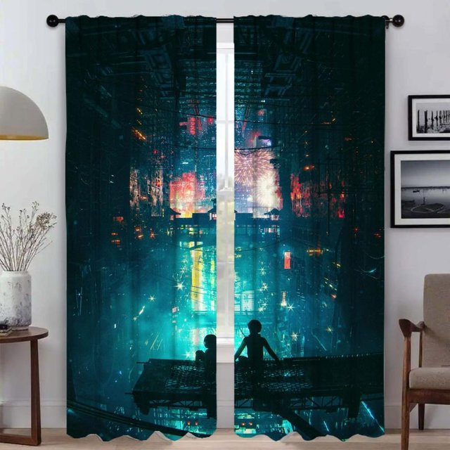 Moderne 3D Neon Kamera Japan Vorhänge aus Tüll für Wohnzimmer und Schlafzimmer, 2er-Set, Mehrfarbig, Breite: 50 cm, Höhe: 70 cm - Bild 1
