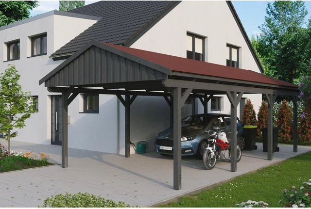 Skan Holz Carport Fichtelberg aus Fichte mit grauen Dachschindeln und spitzer Dachform, B/T: 423 x 808 cm, Höhe: 326 cm - Bild 1