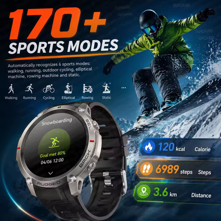 GUHUAVMI Premium Militär-Smartwatch für Herren in Grau mit GPS-Outdoor-Navigation, Offline-Karten, 5ATM Wasserdichtigkeit, Kompass, Höhenmesser, Barometer und Bluetooth-Anruffunktion - Bild 5