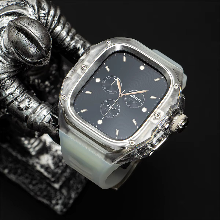 FancyWrist Modifikations-Set für Apple Watch Ultra, Ultra 2 und Ultra 3 (49mm) mit PC-Schutzhülle und Silikonband in Weiß und Silber - Bild 4