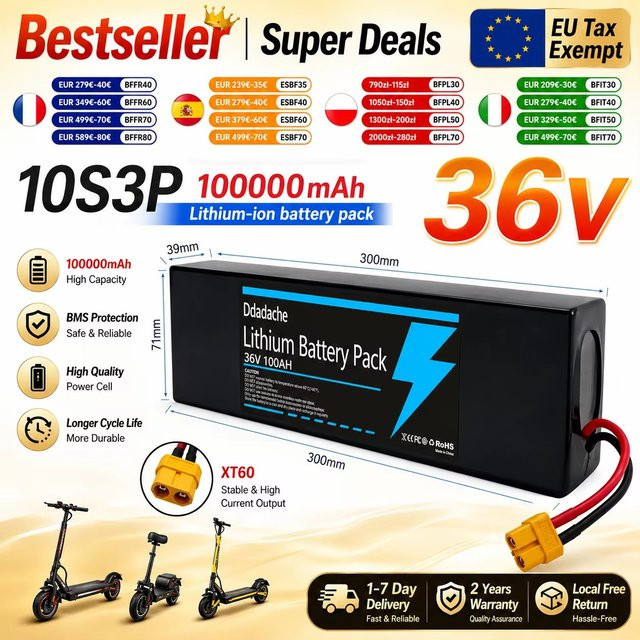 Hochleistungs-Lithium-Ionen-Akku 36 V 10S3P mit 100000 mAh für KUGOO S1 S2 S3 Elektroroller, Schwarz - Bild 1