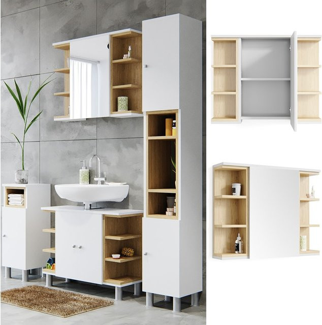 Vicco Badspiegelschrank Aquis Wandspiegel in Weiß und Eiche mit B/H: 79 x 64 cm - Bild 1
