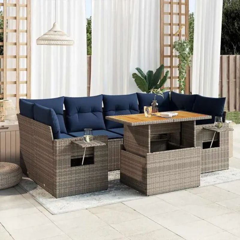 7-teilige Garten-Sofagarnitur mit Kissen aus grauem Poly-Rattan von vidaxl - Bild 1
