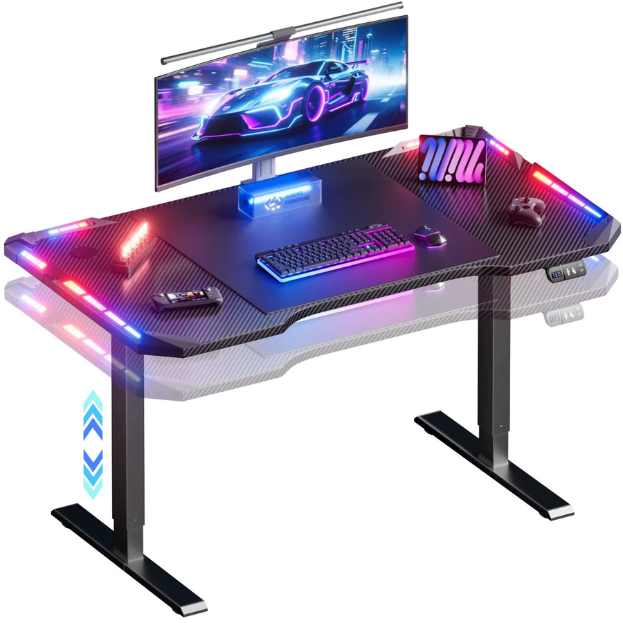 FRODROVIA Elektrisch höhenverstellbarer Gaming-Schreibtisch mit App-gesteuerter LED-Beleuchtung und Carbonfaser-Oberfläche in Schwarz - Bild 2