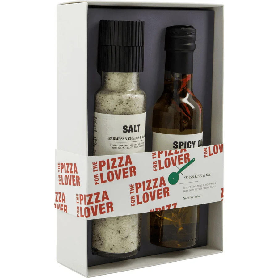 Nicolas Vahe Geschenkbox Pizza mit Salzmühle Parmesan Basilikum und pikantem Chiliöl - Bild 1
