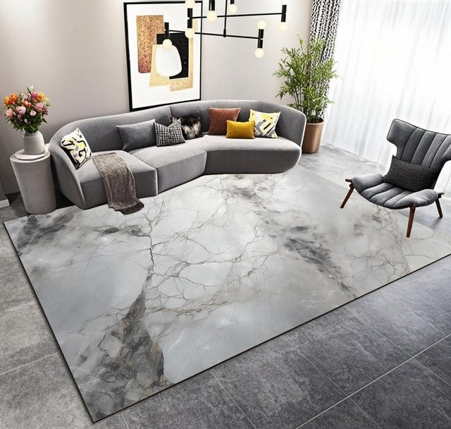 Karpetti Wohnzimmer Teppich in Grau mit Marmor-Design, flauschiger Plüschteppich für Schlafzimmer und Sofa, rutschfest und waschbar, B/T: 80 x 160 cm - Bild 1