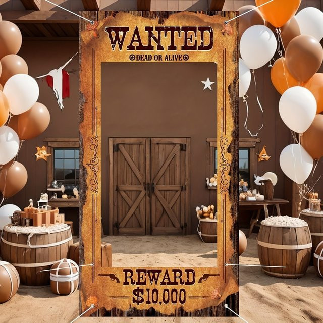 OURFETE Western Cowboy Wanted Fotobox-Requisite Wild West Party Hintergrund mit Türrahmen-Ausschnitt, B: 90 cm, H: 180 cm - Bild 1