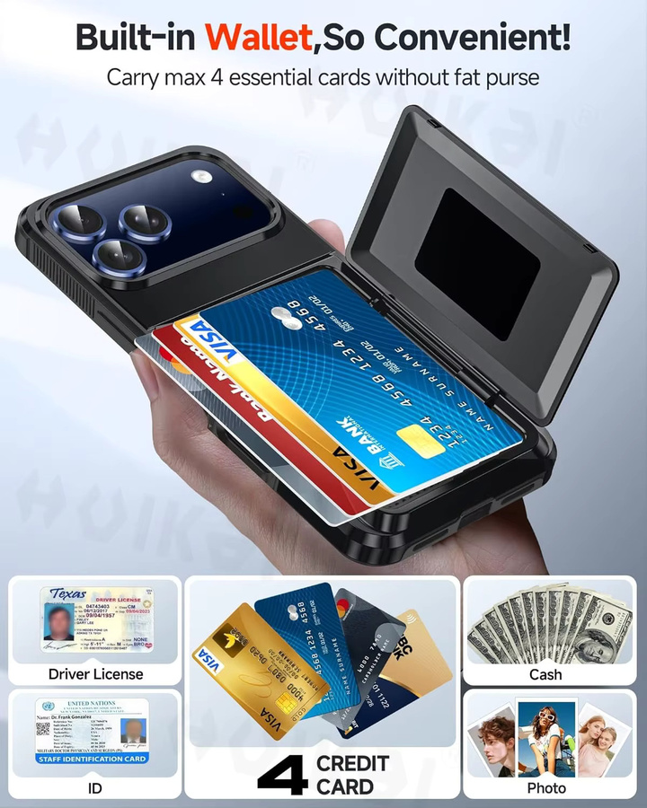 Huikai Brieftaschen-Hülle für iPhone 17 Pro Max 16 Pro Max 15 14 13 12 mit Kreditkartenhalter und stoßfestem Schutz in Schwarz oder Blau - Bild 2
