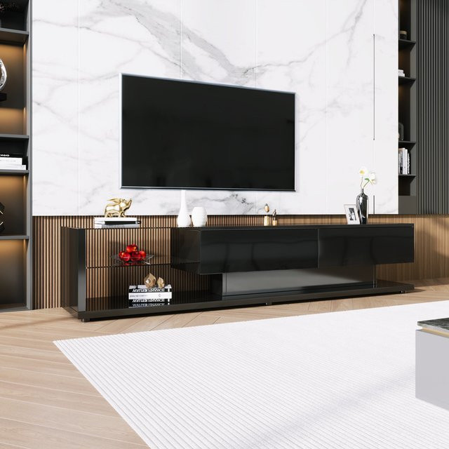 Aosom TV-Schrank in Schwarz Hochglanz mit LED-Beleuchtung und Glasregalen, modern mit 2 Schubladen, passend für Fernseher bis 75 Zoll, B/T/H: 170 x 36 x 38 cm - Bild 1