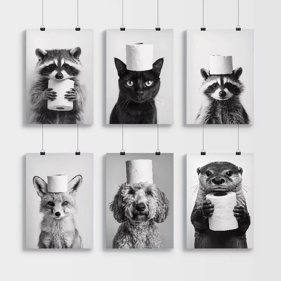 Selbstklebendes Kunstposter von moetch mit Highland Cow, Otter, Katze und Waschbär auf Toilette, modernes Wandbild in Mehrfarbig und Weiß, Rechteckig, Breite: 15,0 cm, Höhe: 15,0 cm - Bild 3
