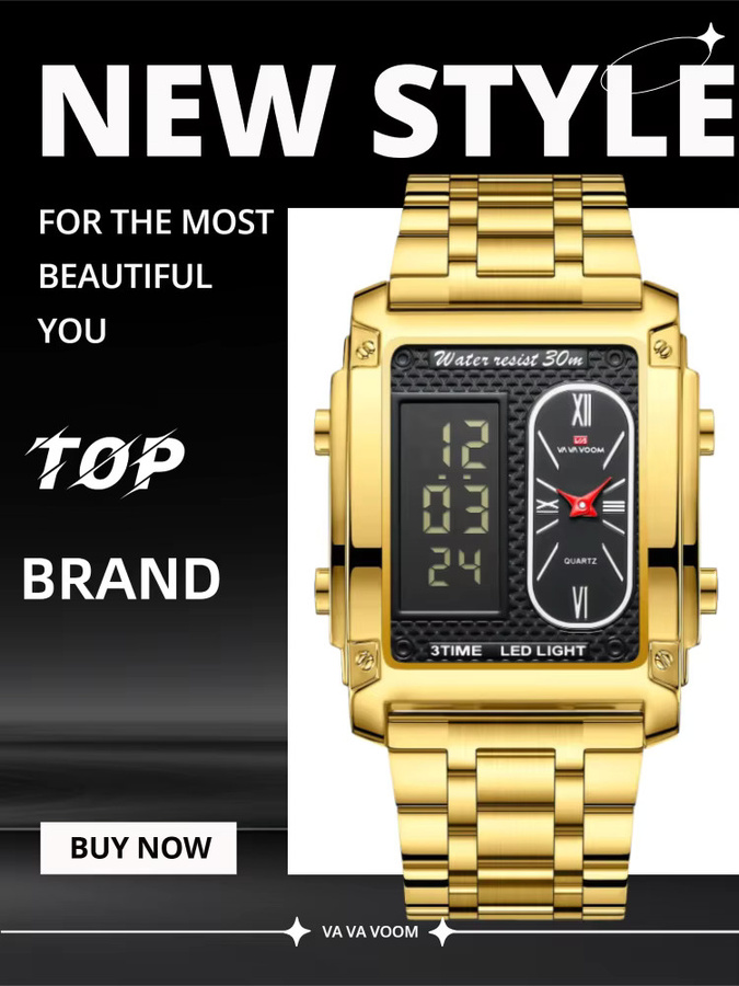 VA VA VOOM Digitaluhr, Quarz, Edelstahl, Gold, Herren - Bild 4
