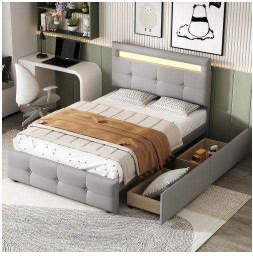 Gepolstertes Bett MUVOE in Sanftes Grau mit LED-Beleuchtung und 2 Schubladen, B/T/H: 90 x 200 cm - Bild 1