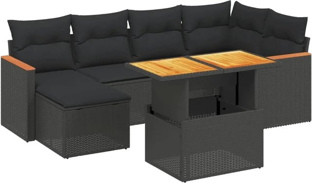 vidaXL 7-tlg. Garten-Sofagarnitur aus Polyrattan in Schwarz mit Kissen und Couchtisch - Bild 1