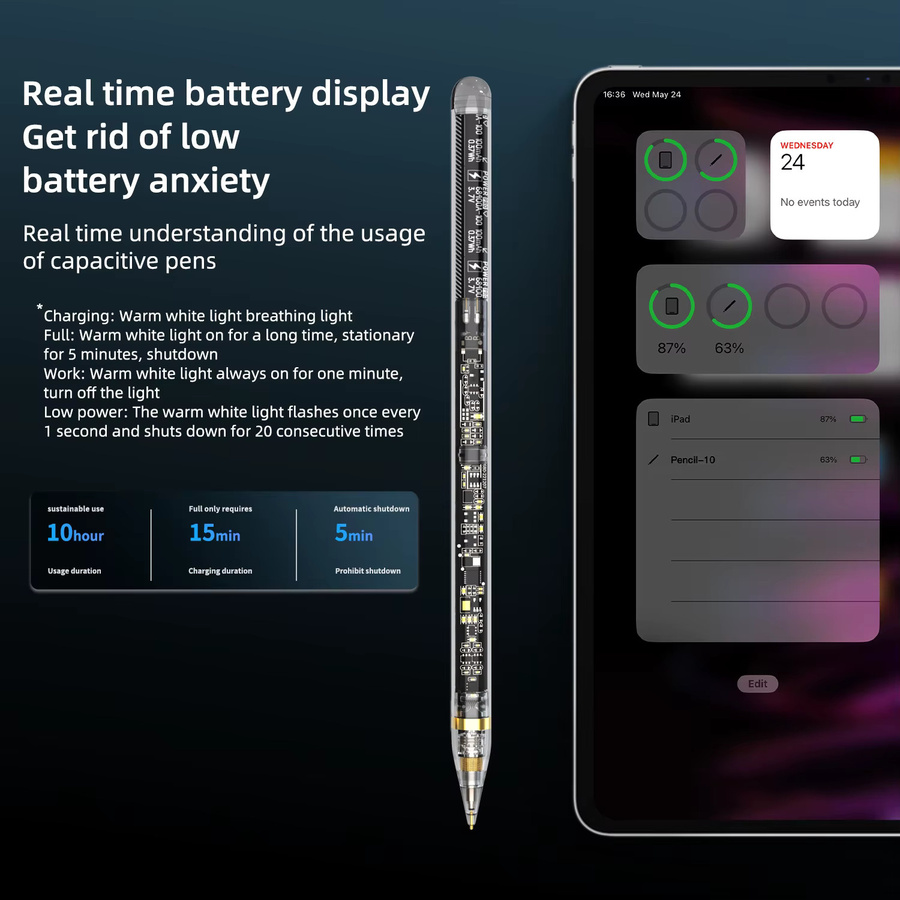 Basix Transparenter Stylus-Stift für iPad Pro mit Schnellladefunktion und Handballenerkennung, kompatibel mit Apple Pencil Modellen 2018-2024 - Bild 2