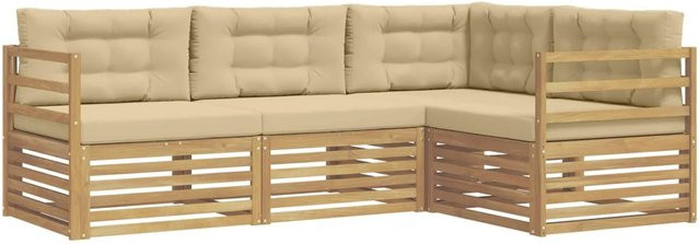 vidaXL Outdoor-Sofagarnitur aus Akazienholz mit Polstern in Weiß und Beige, L-Form, B/T/H: 245,5 x 166,5 x 73 cm - Bild 1
