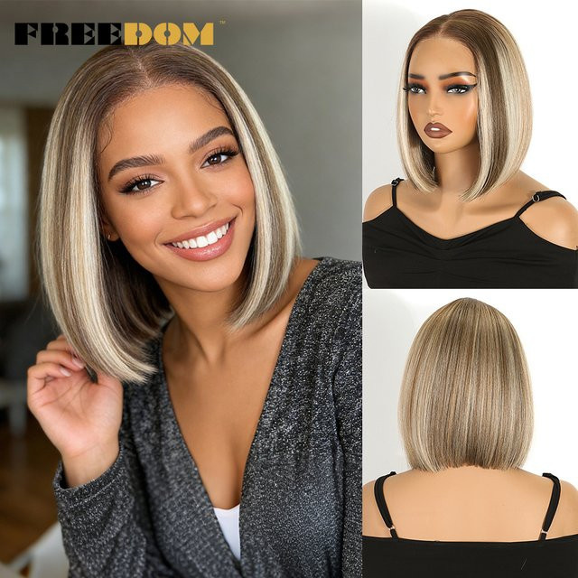 FREEDOM Synthetische Lace-Front-Perücke, 10 Zoll Bob, Ombre Braun Blond, Damen - Bild 1
