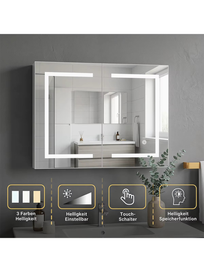 Anajqaqia Badezimmer-Spiegelschrank in Weiß mit LED-Beleuchtung und Touch-Sensor, B/H/T: 80 x 60 x 13,5 cm - Bild 6