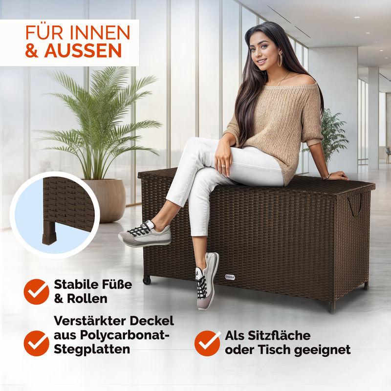 CASARIA Gartenbox aus Polyrattan in Braun mit Griffen und Rollen, B/T/H: 117 x 53 x 60 cm - Bild 4