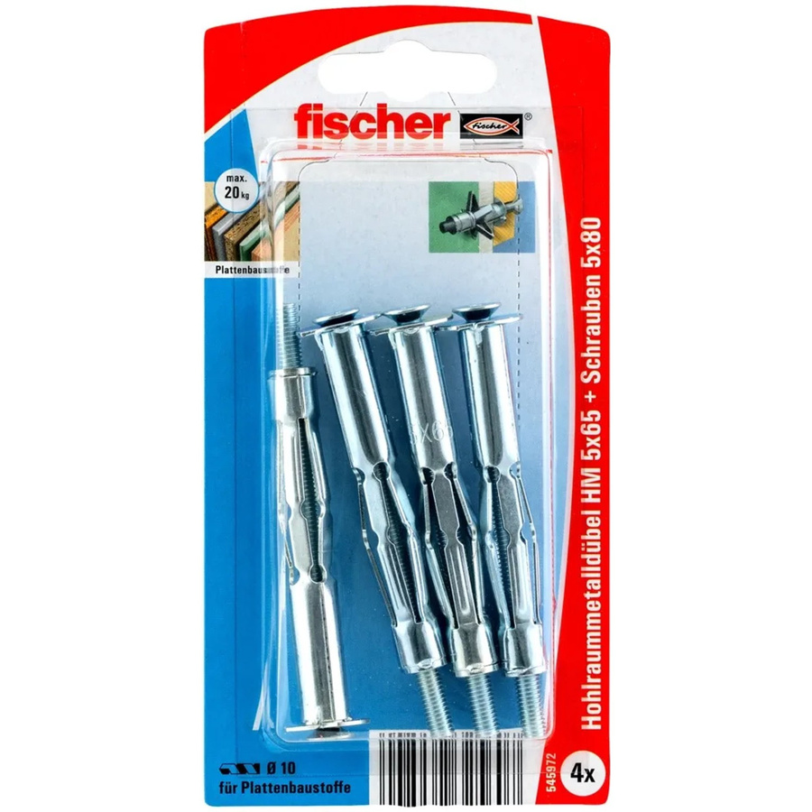 Fischer Hohlraum-Metalldübel HM aus Stahl in Silber, Durchmesser: 5 mm, Länge: 65 mm mit metrischer Schraube - Bild 2