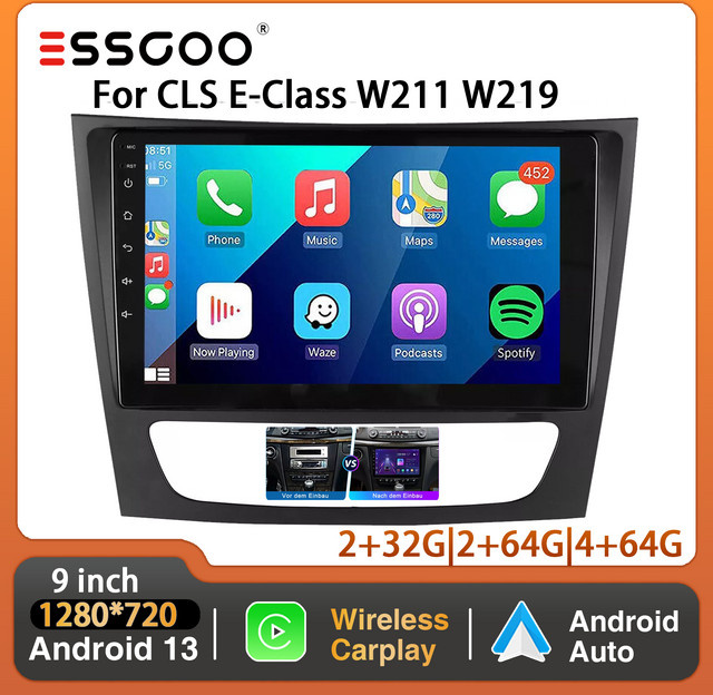 ESSGOO Android 13 Autoradio mit 9 Zoll Touchscreen, 4 Kerne, 32GB/64GB, CarPlay, GPS, Bluetooth und FM RDS für Mercedes GLS E-Class W211 W219, Schwarz - Bild 1