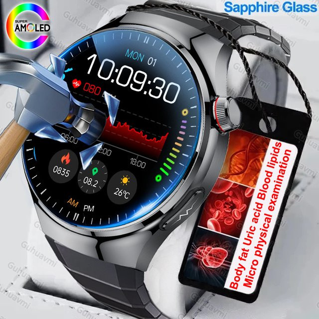 GUHUAVMI Smartwatch mit Saphir-AMOLED-Bildschirm, EKG und PPG zur Überwachung von Blutfett, Harnsäure und Organen, inklusive Anruffunktion, Schwarz - Bild 1