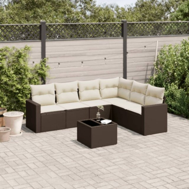 vidaXL 7-teilige Garten-Sitzgruppe in L-Form aus Polyrattan mit Kissen in Braun - Bild 3