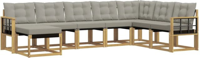 vidaXL Outdoor-Sofagarnitur 8-tlg. in L-Form aus Akazienholz mit Textilene und Kissen, Weiß-Hellgrau - Bild 1