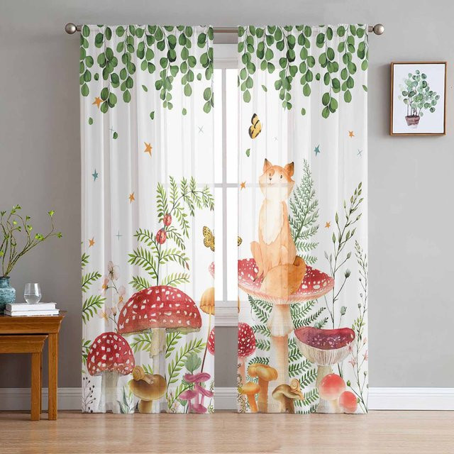 Transparente Tüll-Voile-Vorhänge mit Naturmotiven wie Pilzen, Farnen, Schmetterlingen und Füchsen von Household supplies MH, Farbe: Transparent/Mehrfarbig, Breite: 135 cm, Höhe: 160 cm - Bild 1