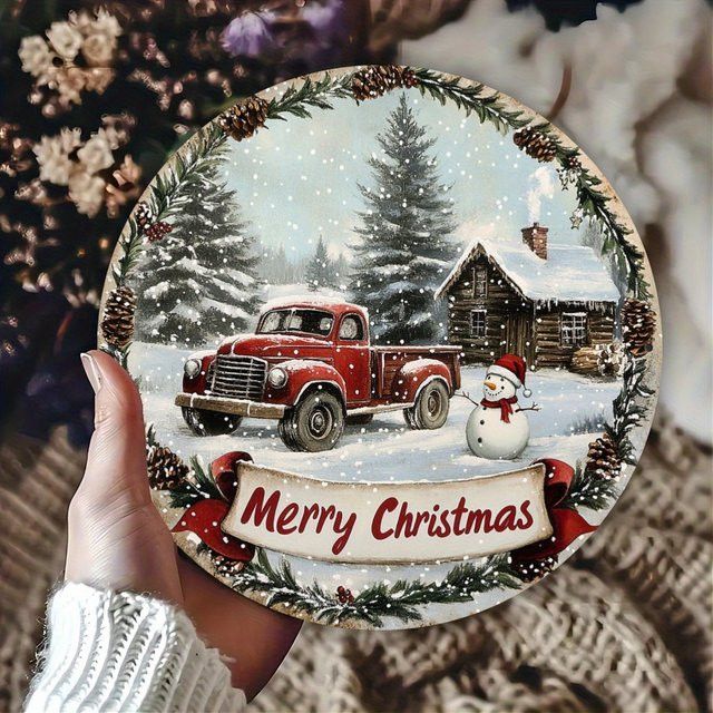 Potdemiel Vintage Weihnachtskranz-Dekorschild aus Aluminium mit Schneemann und rotem LKW, runde Hängekunst für Weihnachten, Durchmesser: 20 cm - Bild 1