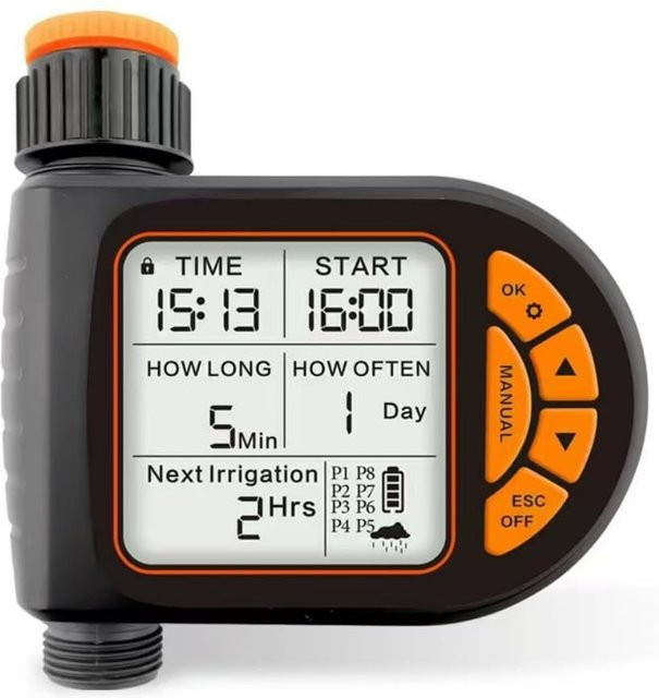 Programmierbarer Sprinkler-Timer in Schwarz für Gartenschläuche mit Regenverzögerung, manuellem und automatischem Modus - Bild 1