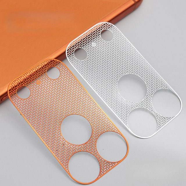 Kameraobjektivschutz für Apple iPhone 17 Pro Max Metallgitterfolie mit Vollschutz-Ring in Weiß und Orange - Bild 1
